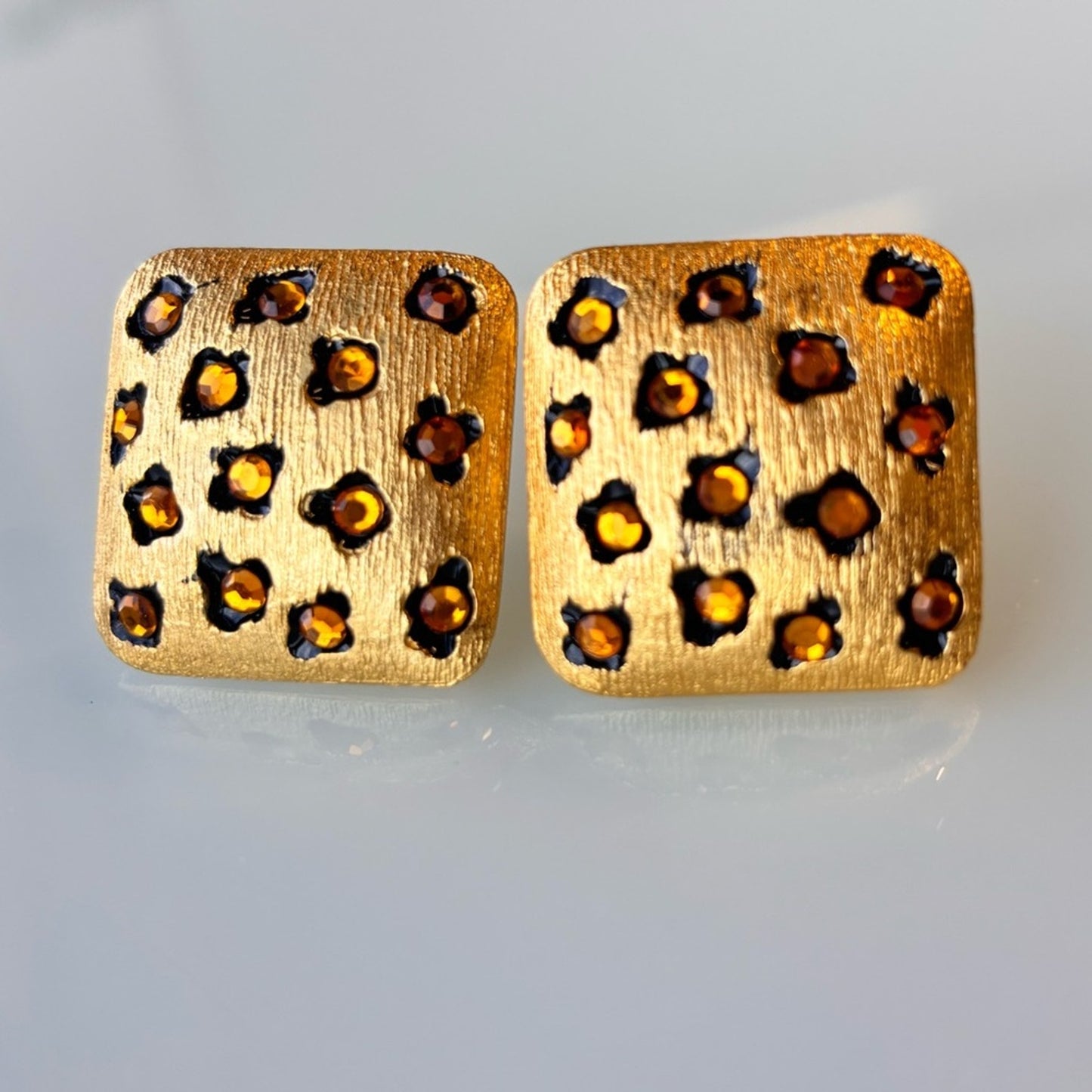 Craft Vintage Gold-Tone Leopard Crystal Square Clip-On Earrings