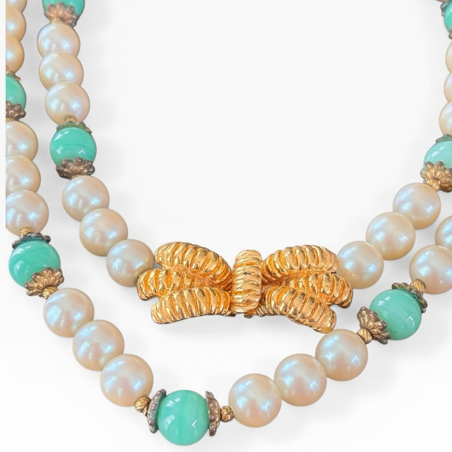Mimi di N Gold plated Bow Pearl & Turquoise Bead Double Strand Necklace