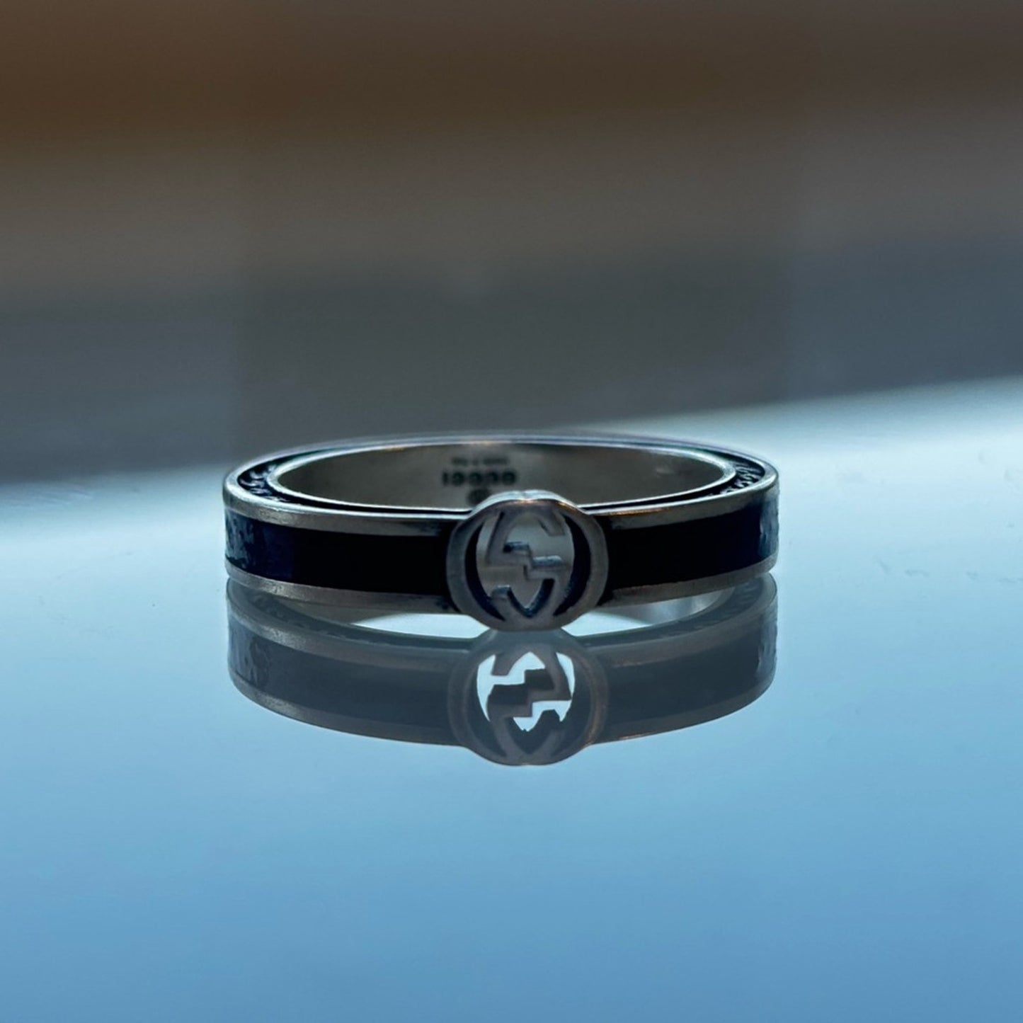 Gucci Interlocking Sterling Silver & Black Enamel Ring 13g