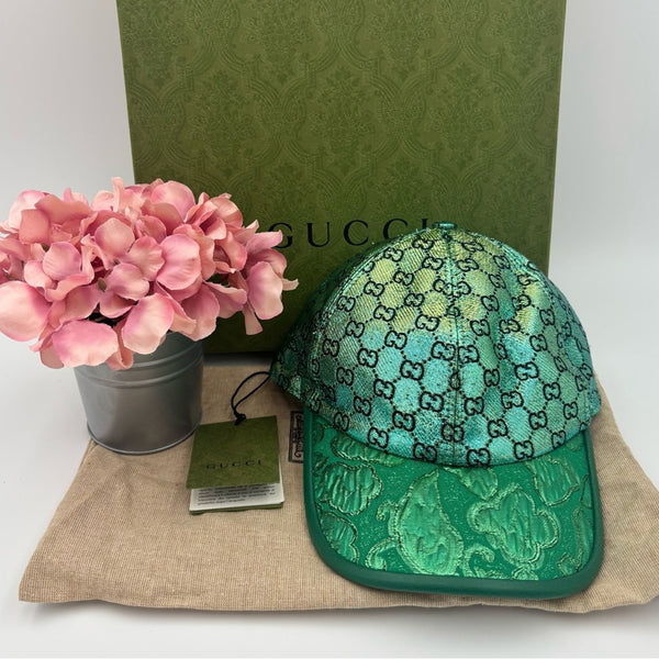 Gucci GG Emerald and Aqua Metallic Monogram Hat Baseball Cap✨